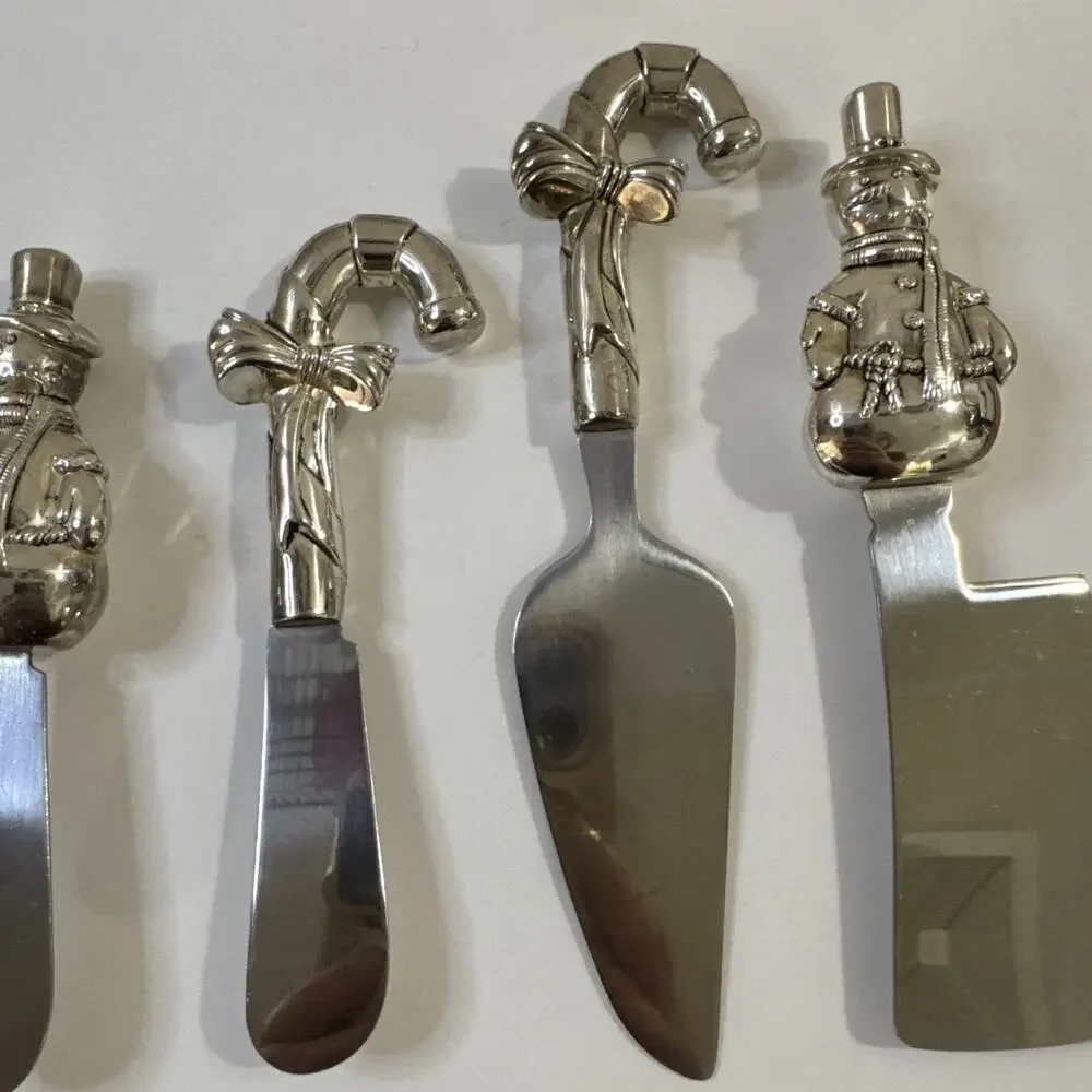 Wallace Christmas Tree Snowman Candy Cane Cheese Knife Spreader 5 Piece Set